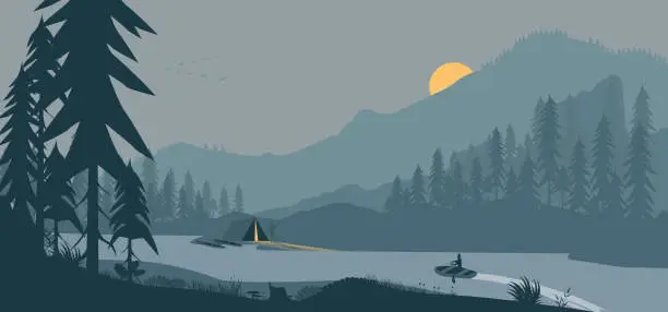 Vector illustration of Illuminated tent and boat rowing at the mountains near a river