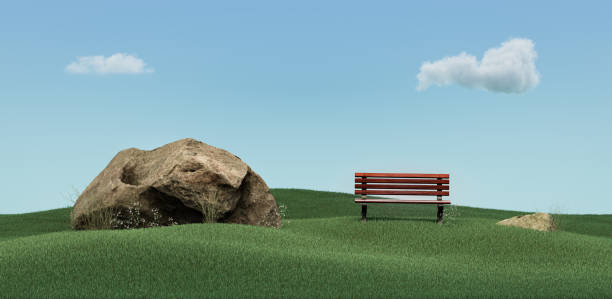 Green grass land under clear bright sky with rock, foliage and single park bench for header images, 3d Rendering, No people