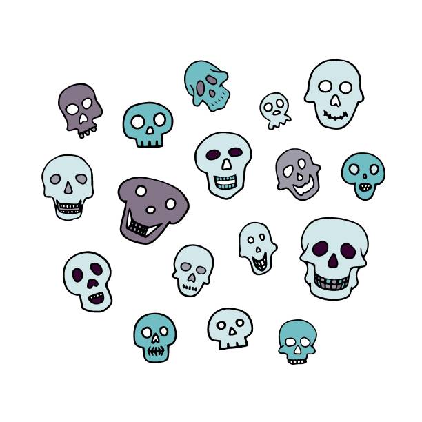 ilustrações, clipart, desenhos animados e ícones de doodle halloween sculls set. coleção de esqueleto de cor - animal skeleton illustrations