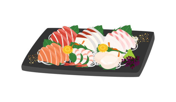 ilustraciones, imágenes clip art, dibujos animados e iconos de stock de material de ilustración vectorial de sashimi surtido en un plato. - sashimi