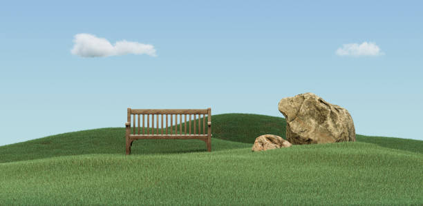 Green grass land under clear bright sky with rock, foliage and single park bench for header images, 3d Rendering, No people