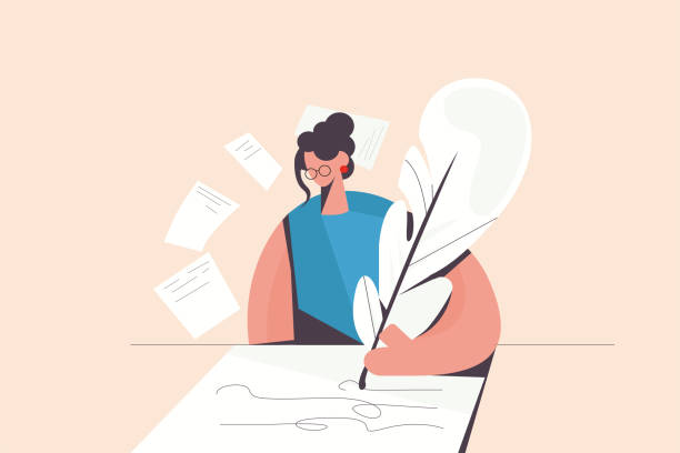 Woman writer create poetry with feather on paper Young woman writer in glasses hold feather write create novel or poetry for readers. Female publicist handwrite with ink on paper. Literature, hobby, art concept. Flat vector illustration. romantic styles stock illustrations