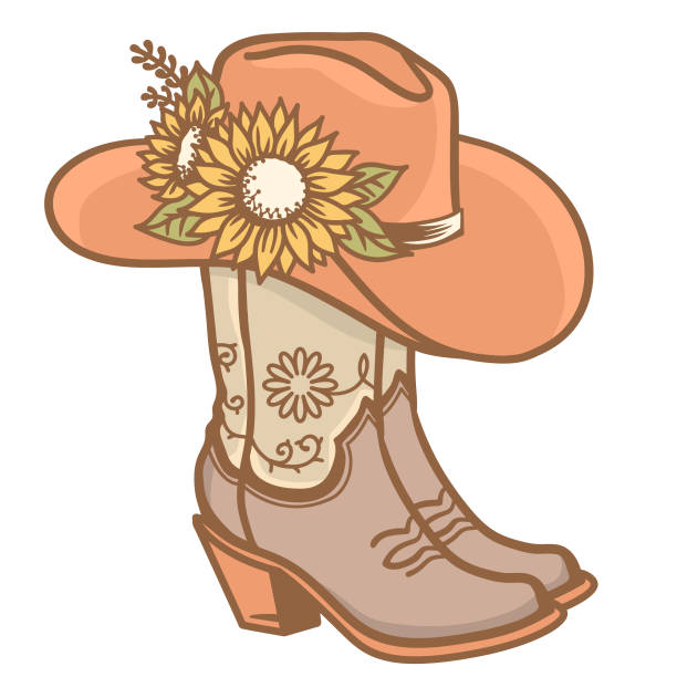 ковбойские сапоги и ковбойская шляпа с украшением подсолнухами. cowgirl сапоги векторные винтажные цветные иллюстрации изолированы для печат - сапог stock illustrations