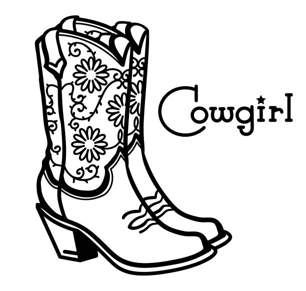 ilustraciones, imágenes clip art, dibujos animados e iconos de stock de botas vaqueras con decoración tradicional americana ornamentada y flores. cowgirl botas ilustración vectorial aislada sobre blanco para imprimir. - cowgirl