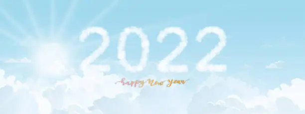 Vector illustration of Happy new year, fluffy 2022 clouds on blue Sky,Vector calendar,Typography text 2022 font on Horizon Clear sky scape with white cloud, Background Banner design for New Year year or Christmas