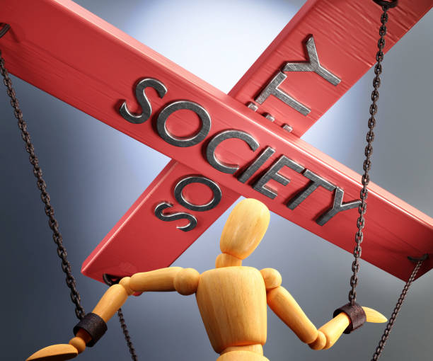 Society control, power, authority and manipulation symbolized by control bar with word Society pulling the strings (chains) of a wooden puppet, 3d illustration