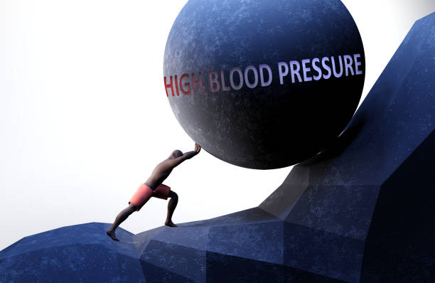 istock High blood pressure as a problem that makes life harder - symbolized by a person pushing weight with word High blood pressure to show that it can be a burden, 3d illustration 1346131698