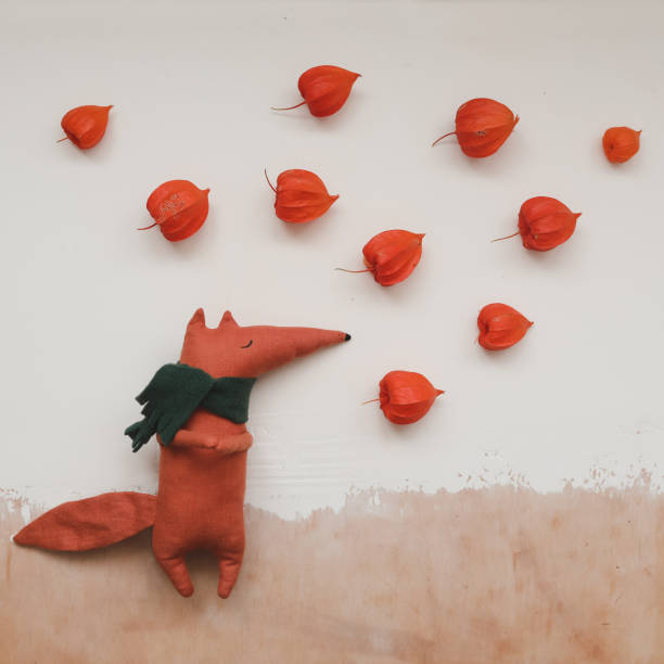 autumn composition with a toy fox and physalis flowers on white textured background, top view.