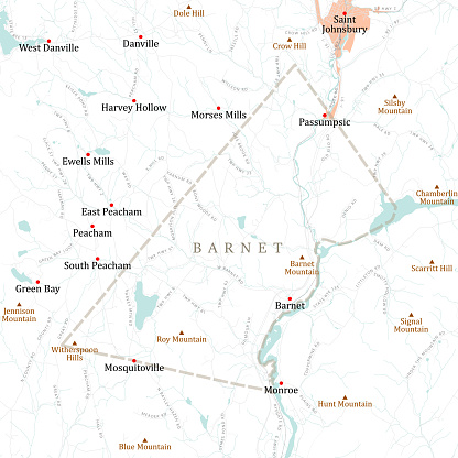VT Caledonia Barnet Vector Road Map. All source data is in the public domain. U.S. Census Bureau Census Tiger. Used Layers: areawater, linearwater, roads, rails, cousub, pointlm, uac10.