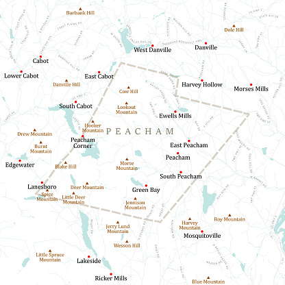 VT Caledonia Peacham Vector Road Map. All source data is in the public domain. U.S. Census Bureau Census Tiger. Used Layers: areawater, linearwater, roads, rails, cousub, pointlm, uac10.