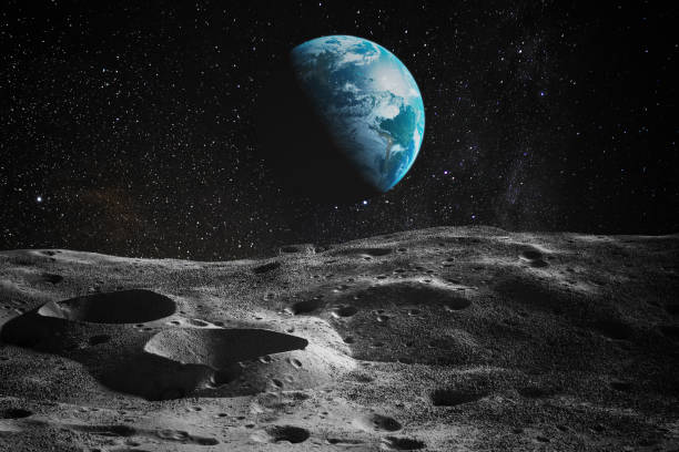月からの地球の眺め。nasaによって提供されたこの画像の要素。3d レンダリングされたイラストレーション。 - crater ストックフォトと画像