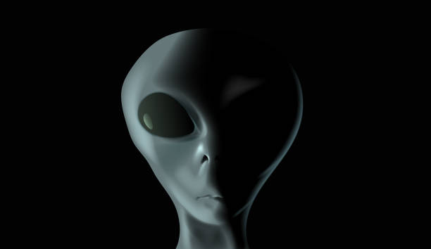 istock Alien's face on black background. UFO and extraterrestrial life concept. Vector illustration. 1346136944