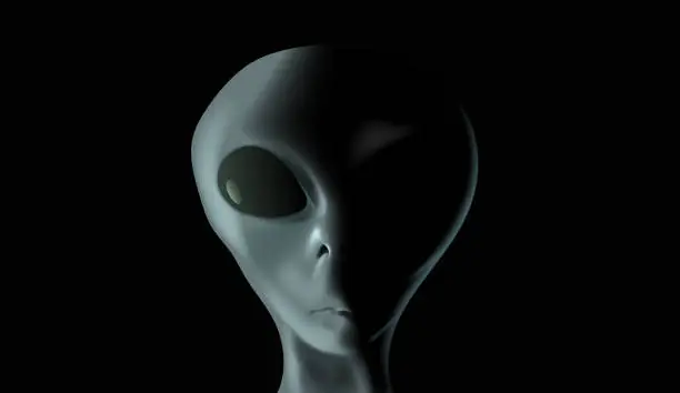 Vector illustration of Alien's face on black background. UFO and extraterrestrial life concept. Vector illustration.