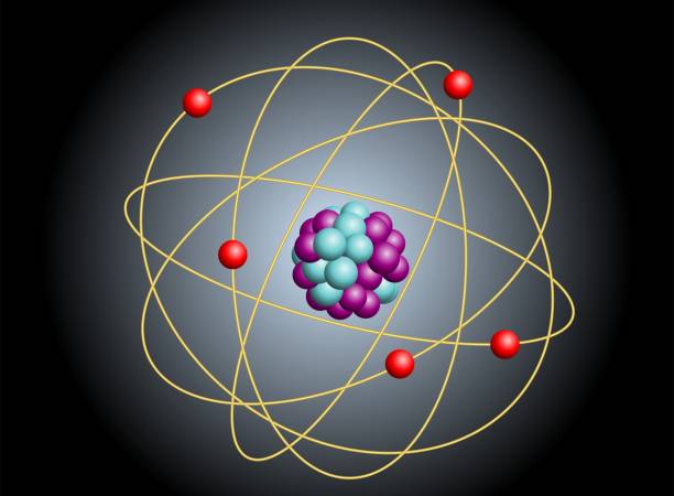 ilustraciones, imágenes clip art, dibujos animados e iconos de stock de ilustración vectorial de partículas elementales en átomo. concepto de física. - partícula elemental