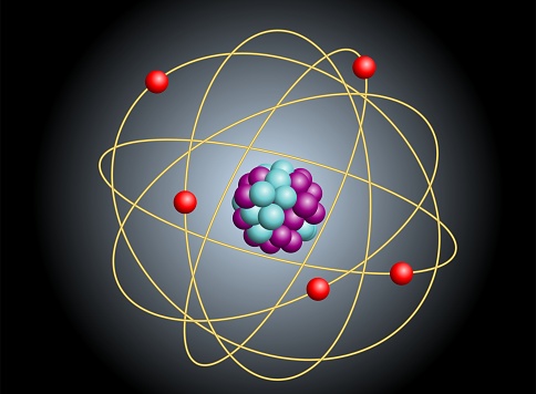 Vector illustration of elementary particles in atom. Physics concept.