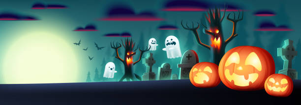 istock Halloween Fullmoon Horizontal banner or background with Halloween pumpkins,cute ghost and moonlight in the graveyard. Flyer or invitation template for Halloween party. Vector illustration EPS10 1346138143