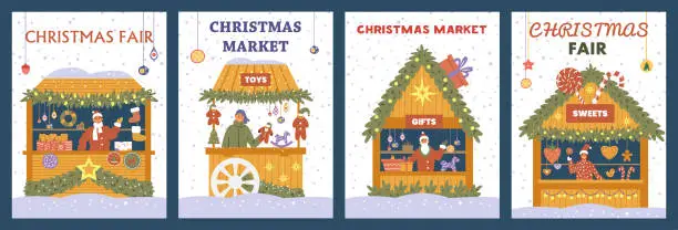 Vector illustration of Vector set of Christmas market posters with shops