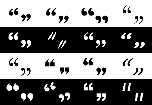 Big Set black different Quotation marks. Quotation marks on white and black background. Vector illustration. Stripped background