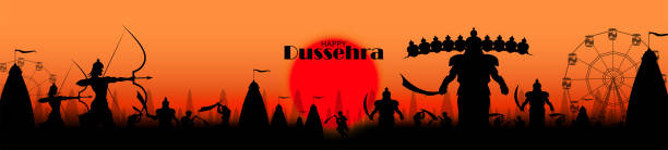 Dussehra or Ram Navmi or Ram Navami or Navratri festival Vector illustration of Lord Rama and Ravana final fight scene on a Festive sunset background for Dussehra festival. ravana in happy dussehra stock illustrations