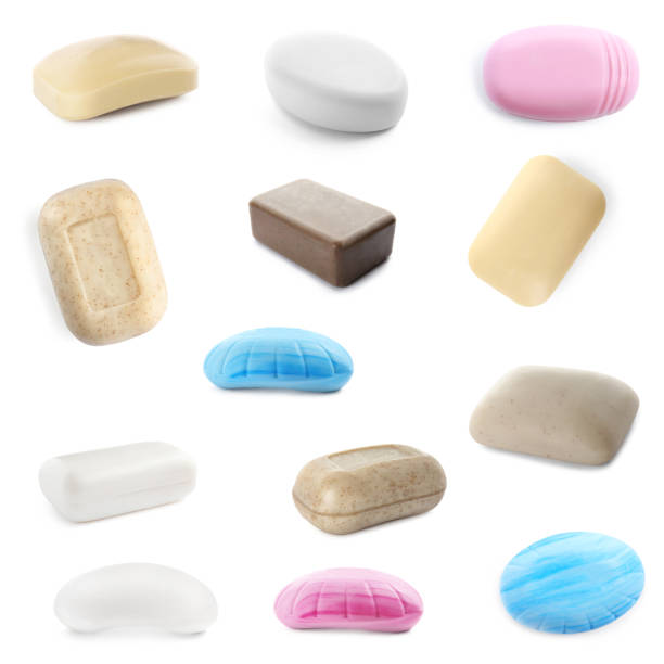 istock Set of different soap bars on white background 1346139655