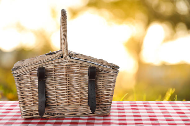 istock Wicker picnic basket on checkered tablecloth in park, space for text 1346139661