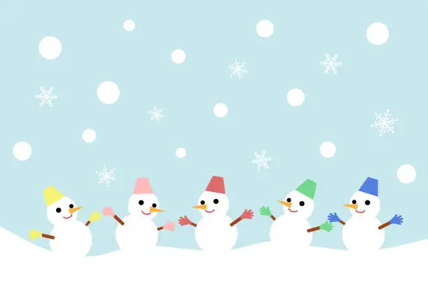 Vector illustration of A message card with five snowmen lined up in the snow.