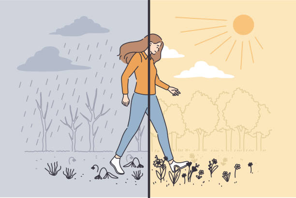 Variety of nature weather concept Variety of nature weather concept. Young woman cartoon character making step from gloomy grey rainy weather to sunny clear day vector illustration russia city spring stock illustrations