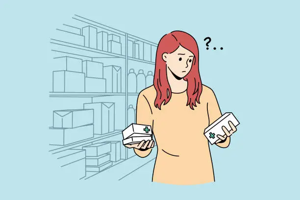 Vector illustration of Difficult choice in pharmacy concept