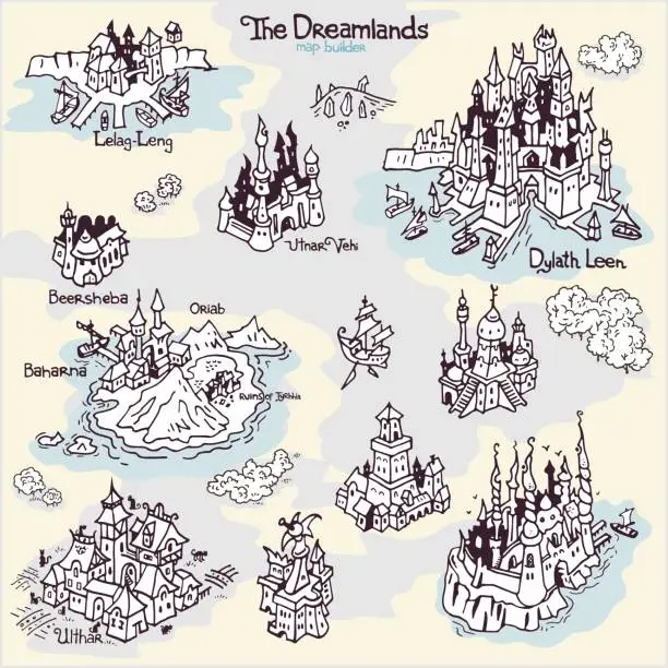 Vector illustration of Map builder settlement illustrations from H. P. Lovecraft fiction realm word The Dreamlands