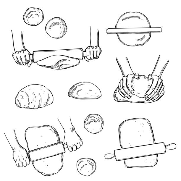 ilustraciones, imágenes clip art, dibujos animados e iconos de stock de juego de masa, manos enrollando la masa.  ilustración de boceto. - bread dough