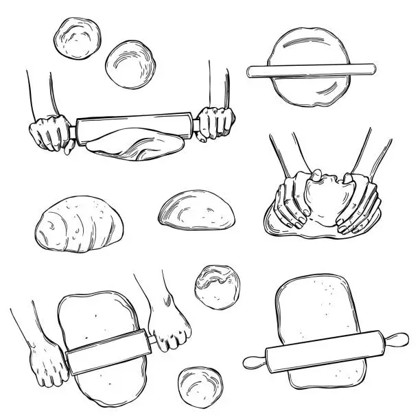 Vector illustration of Dough set, hands rolling the dough.  Sketch  illustration.