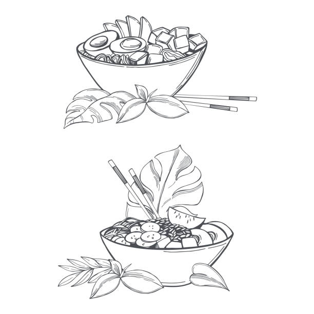 ilustrações, clipart, desenhos animados e ícones de poke bowls. ilustração vetorial. - tuna food table dinner