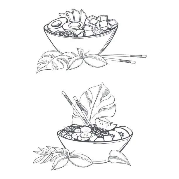 Vector illustration of Poke bowls. Vector illustration.