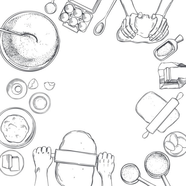 Dough set, hands rolling the dough. Sketch illustration. Hand-drawn dough set, hands rolling the dough. Sketch illustration. Vector background. rolling dough stock illustrations