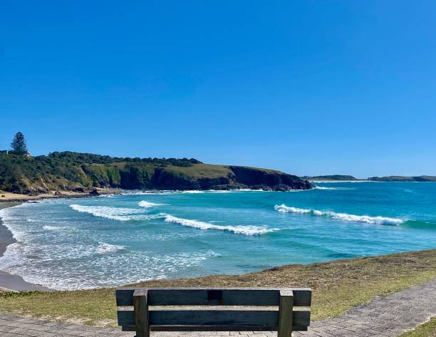 istock Park Bench Looking To Ocean Waves 1346141170
