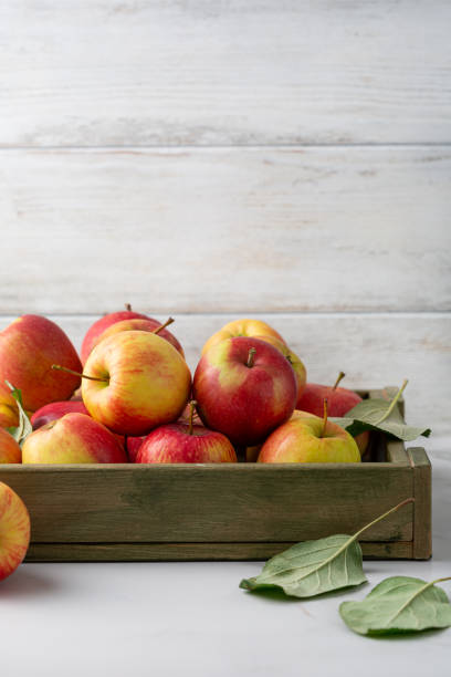 istock Close up of apple on table and crate autumn concept copy space 1346141940