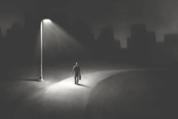 ilustrações, clipart, desenhos animados e ícones de ilustração de homem misterioso andando sozinho no escuro sob raios de luz das ruas, conceito abstrato surreal - street light dark street men