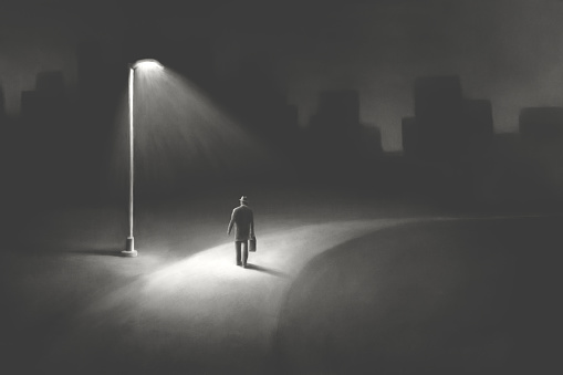 Illustration of mysterious man walking alone in the dark under streets light rays, surreal abstract concept