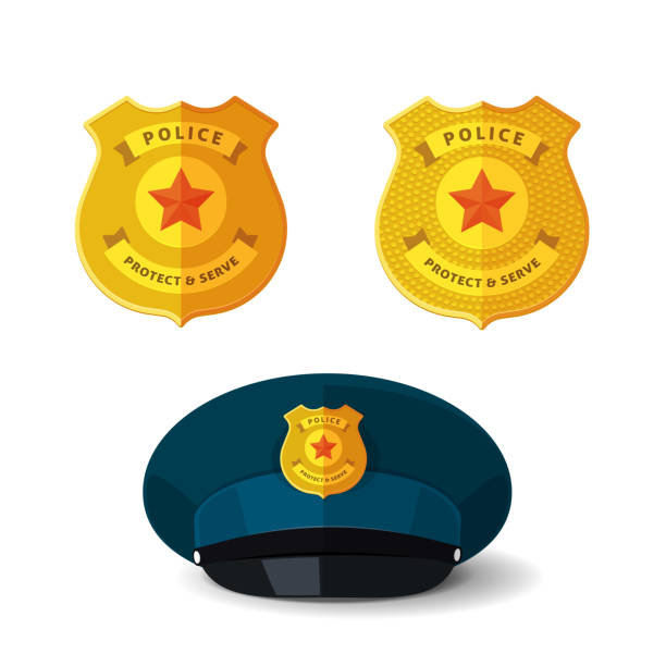 Golden police badge vector isolated or special security officer cop and sheriff metallic emblem on realistic hat cap flat cartoon illustration clipart, policeman gold modern star sign Golden police badge vector isolated or special security officer cop and sheriff metallic emblem on realistic hat cap flat cartoon illustration clipart, policeman gold modern star sign image sergeant badge stock illustrations