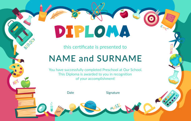 Colorful school and preschool diploma certificate for kids and children in kindergarten or primary grades with school pack, kit. Vector cartoon flat illustration Colorful school and preschool diploma certificate for kids and children in kindergarten or primary grades with school pack, kit. Vector cartoon flat illustration classroom borders stock illustrations