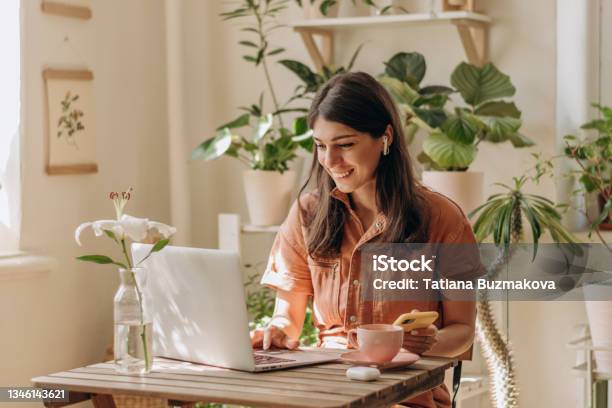 Positive Young Mixed Race Woman Using A Laptop And Smartphone At Homecozy Home Interior With Indoor Plantsremote Work Businessfreelanceonline Shoppingelearningurban Jungle Concept Stock Photo - Download Image Now