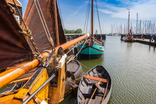 Bow of a historic wooden ship in Enkhuizen, Netherlands