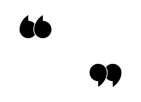 Quote icon. Mark for quotation, speech and citation. Double comma and inverted double comma. Black symbol for bubble, discussion and text. Graphic logo for open and end of chat. Vector.