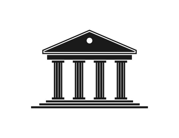 Government icon. Building of court. Black house with pillar in roman style. Architecture for greek museum, bank, university and courthouse. Silhouette on white background. Federal structure. Vector Government icon. Building of court. Black house with pillar in roman style. Architecture for greek museum, bank, university and courthouse. Silhouette on white background. Federal structure. Vector. bank financial building silhouettes stock illustrations