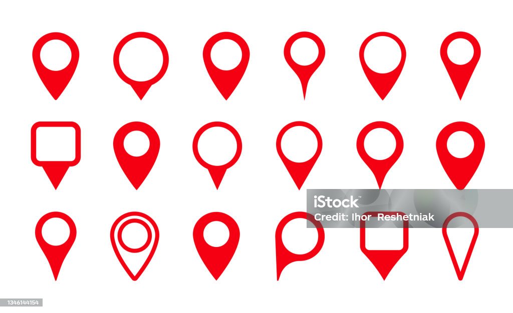 Icône d’épingle pour l’emplacement de la carte. Pointeur, marqueur pour gps, position géographique et lieu. Étiquette ou symbole de destination dans le voyage et la route. Ensemble de points de carte rouges sur fond blanc. Signe de navigation. Vect - clipart vectoriel de Marqueur de carte libre de droits Icône d’épingle pour l’emplacement de la carte. Pointeur, marqueur pour gps, position géographique et lieu. Étiquette ou symbole de destination dans le voyage et la route. Ensemble de points de carte rouges sur fond blanc. Signe de navigation. Vect - clipart vectoriel de Marqueur de carte libre de droits