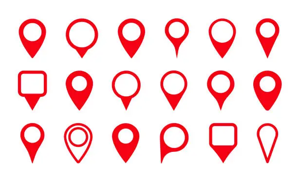 Vector illustration of Pin icon for map location. Pointer, marker for gps, geo position and place. Tag or symbol of destination in travel and road. Set of red map point on white background. Sign of navigation. Vector