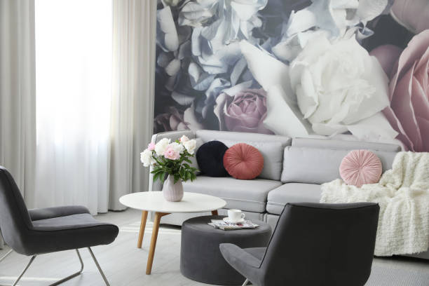 istock Modern living room interior with comfortable sofa and armchairs 1346144554