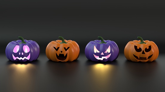 Spooky carved squashes for Halloween holiday in different poses on dark background. Easy to crop for all your social media and design need.