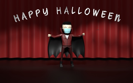 Kids in spooky vampire costume is wearing protective mask against Coronavirus in front of a red curtain at theatre stage and celebrates Halloween with a message. Covid-19 warning. Easy to crop for all your social media and design needs.