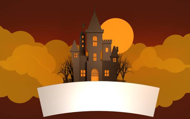 Paper craft creepy castle background design for Halloween with empty white banner. Easy to crop for all your social media and design need.